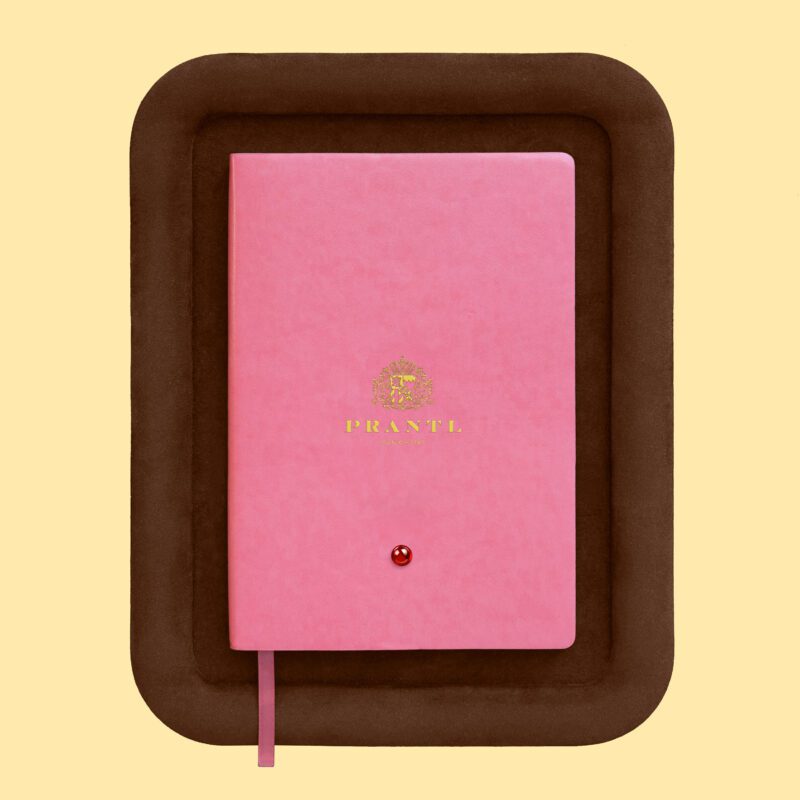 Pink notebook, brown cover, beige background